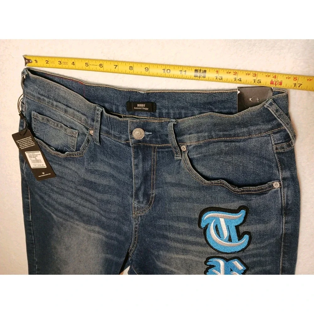 True Religion Bobby Applique Relaxed Baggy Jeans Mens W32 L32 Medium Blaze NWT
